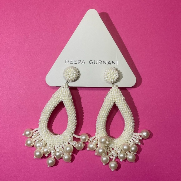 NWT Antropologie Deepa Gurnani Ivory Beaded Hoop Earrings with Pearl Tassels - Picture 5 of 10